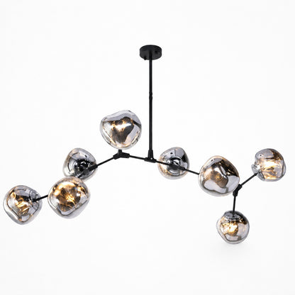 Wide branching pendant with reflective smoked acrylic globe shades on a matte black frame