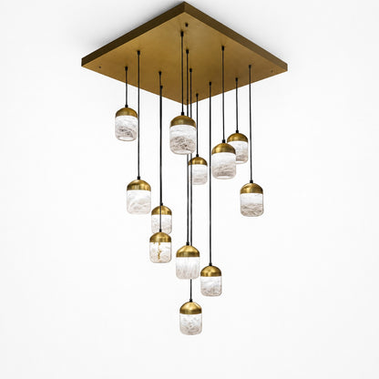 Square brass canopy holding fourteen alabaster cylinder pendants at staggered heights, white background