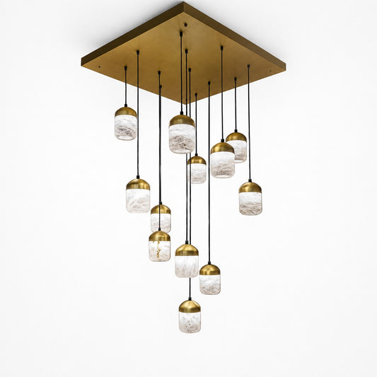 Square brass canopy holding fourteen alabaster cylinder pendants at staggered heights, white background