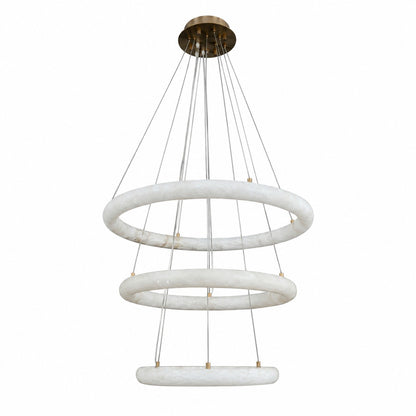 Three-tier alabaster ring chandelier with antique brass canopy on plain white background