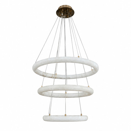 Three-tier alabaster ring chandelier with antique brass canopy on plain white background