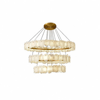 Three-tier chandelier with overlapping alabaster petal tiles on brass rings, white background
