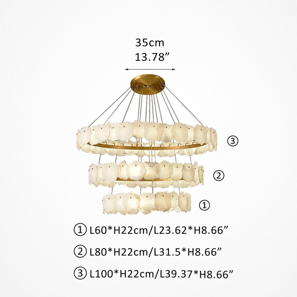 Three-tier alabaster and brass chandelier shown with labeled ring diameters and drop measurements