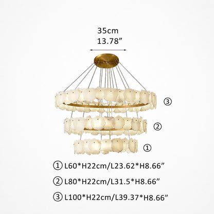 Three-tier alabaster and brass chandelier shown with labeled ring diameters and drop measurements