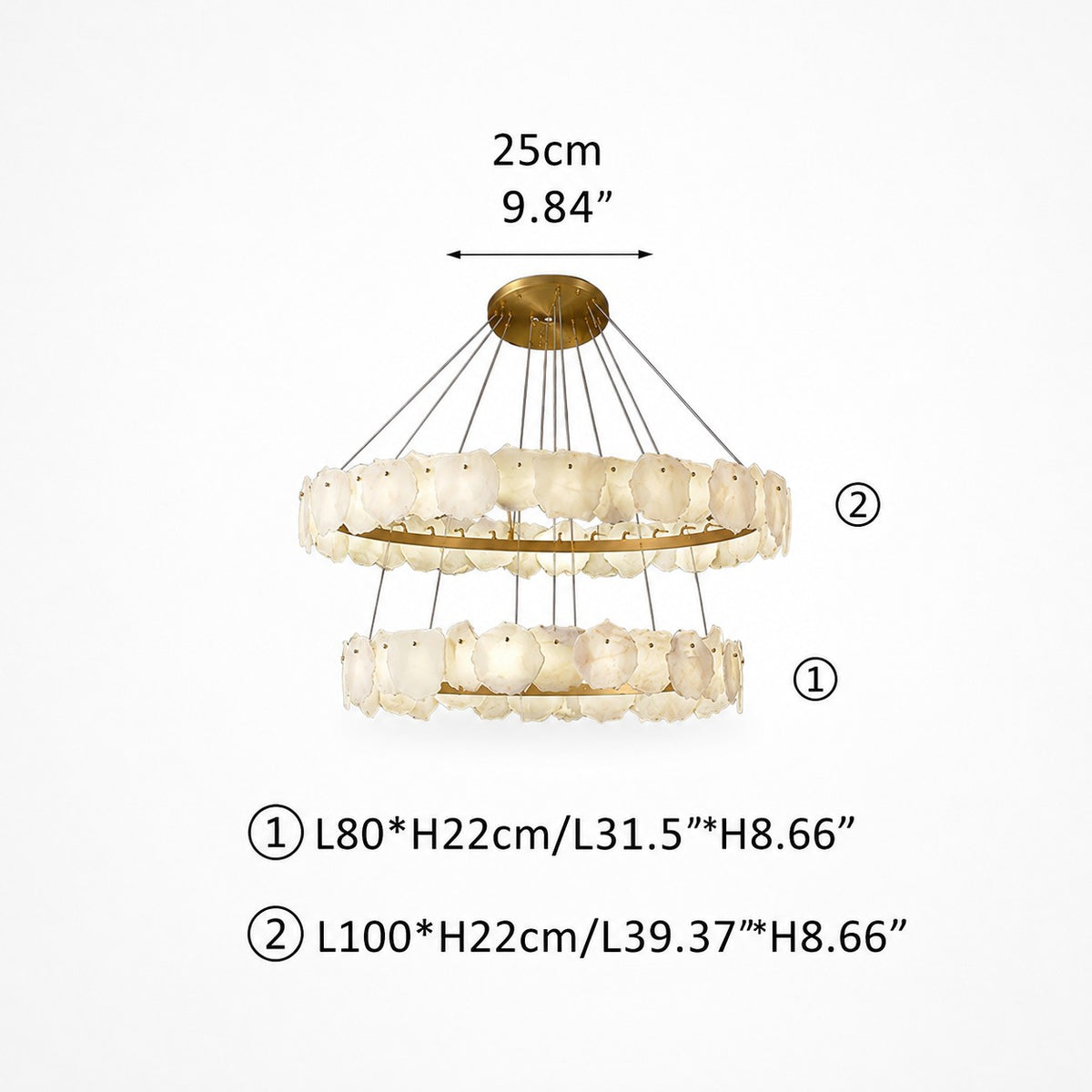 Two-tier alabaster tile chandelier on brass rings with numbered size callouts and canopy width