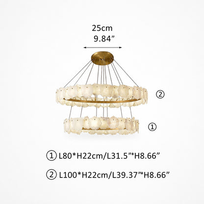 Two-tier alabaster tile chandelier on brass rings with numbered size callouts and canopy width