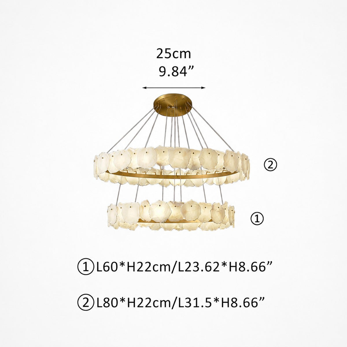 Two-ring stone chandelier with brass canopy and suspension cables, sizing labels on pale grey background