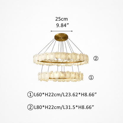 Two-ring stone chandelier with brass canopy and suspension cables, sizing labels on pale grey background