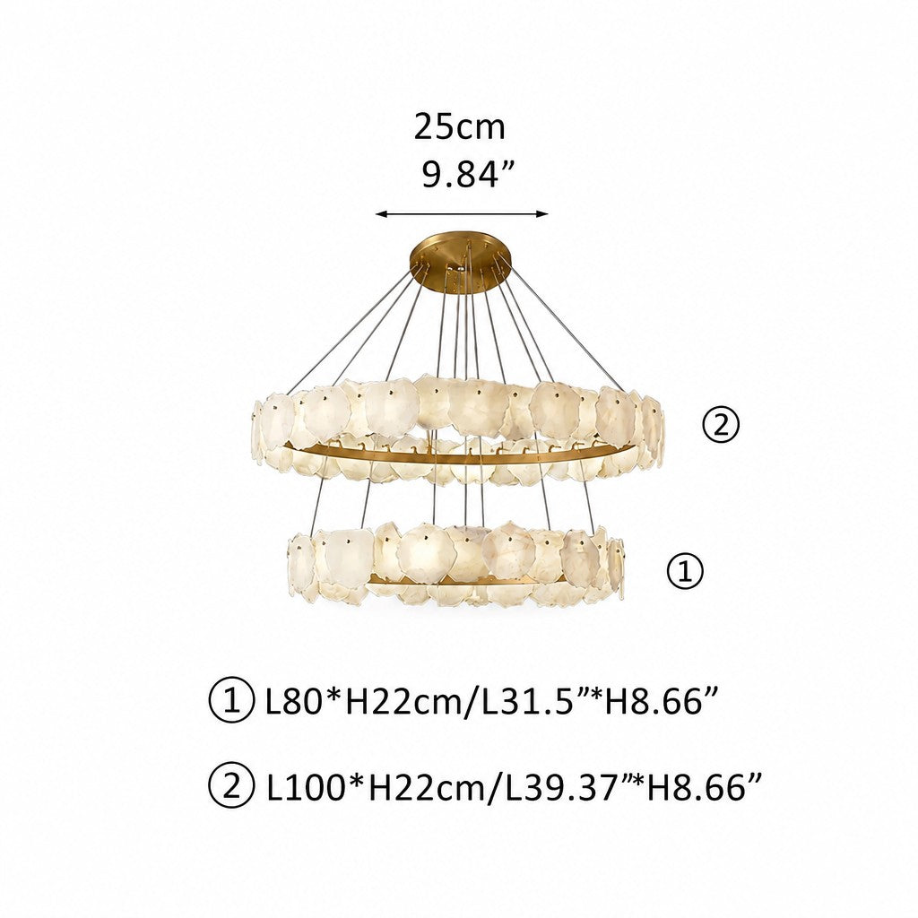 Compact two-tier alabaster chandelier lit from within, brass rings, dimension callouts beside fixture