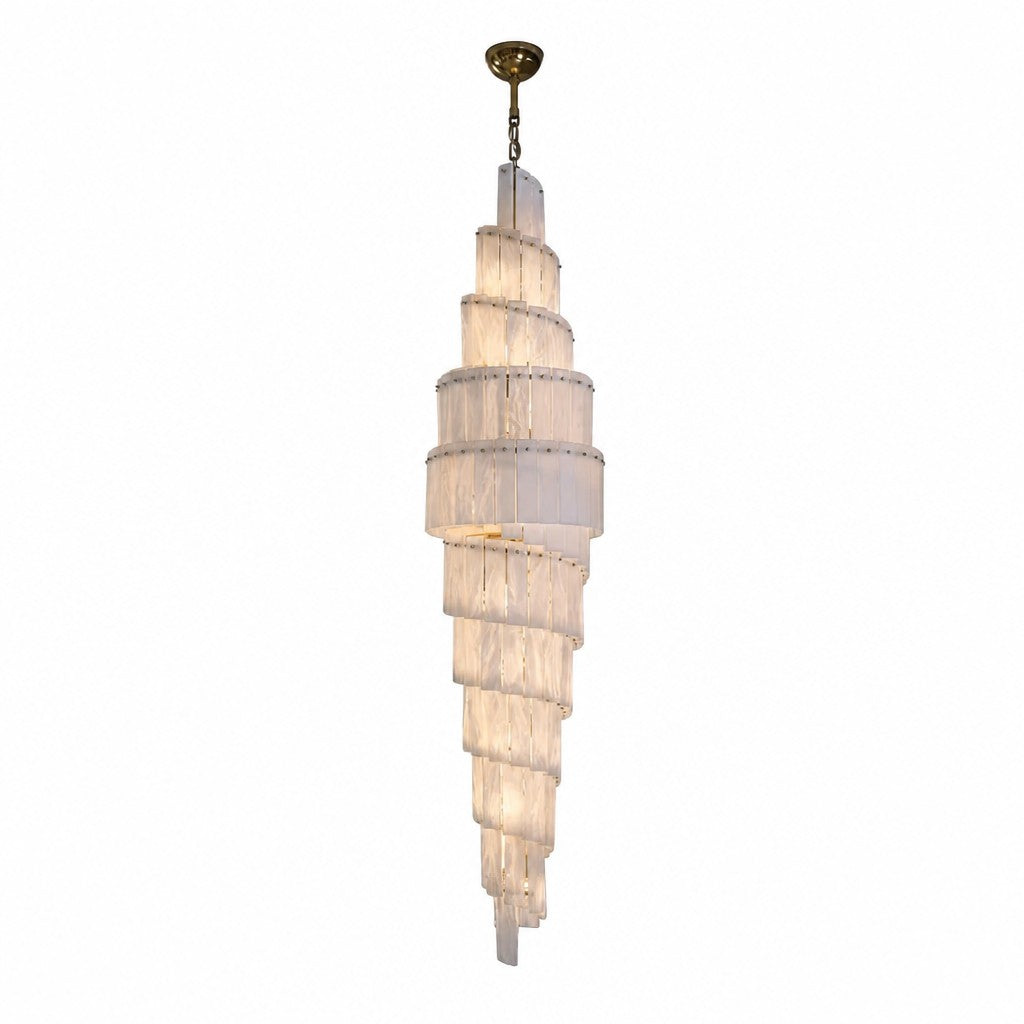 Tall spiral chandelier of stacked alabaster panels with brass canopy, white background
