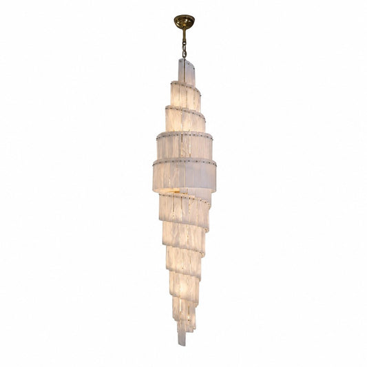 Tall spiral chandelier of stacked alabaster panels with brass canopy, white background