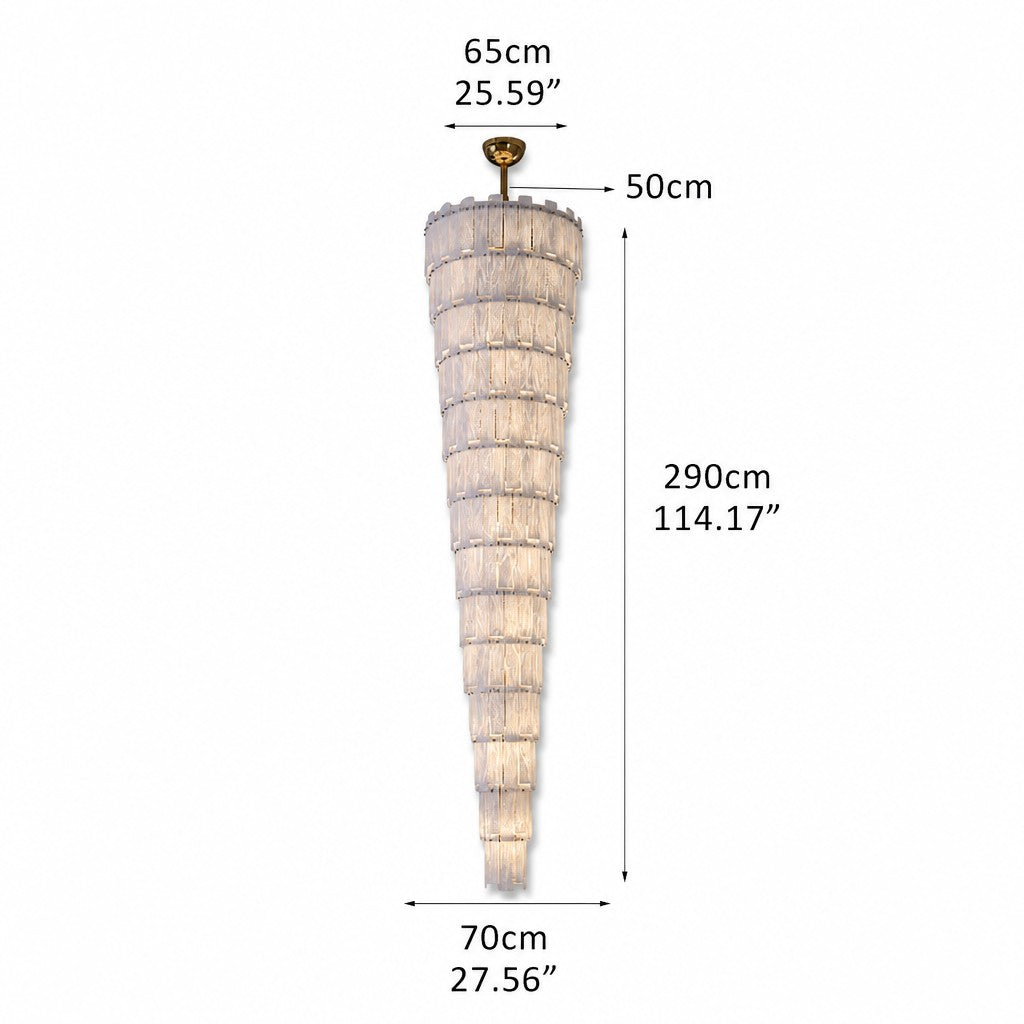 Measurement diagram of the spiral alabaster panel chandelier hanging from a brass ceiling canopy