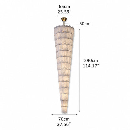 Measurement diagram of the spiral alabaster panel chandelier hanging from a brass ceiling canopy