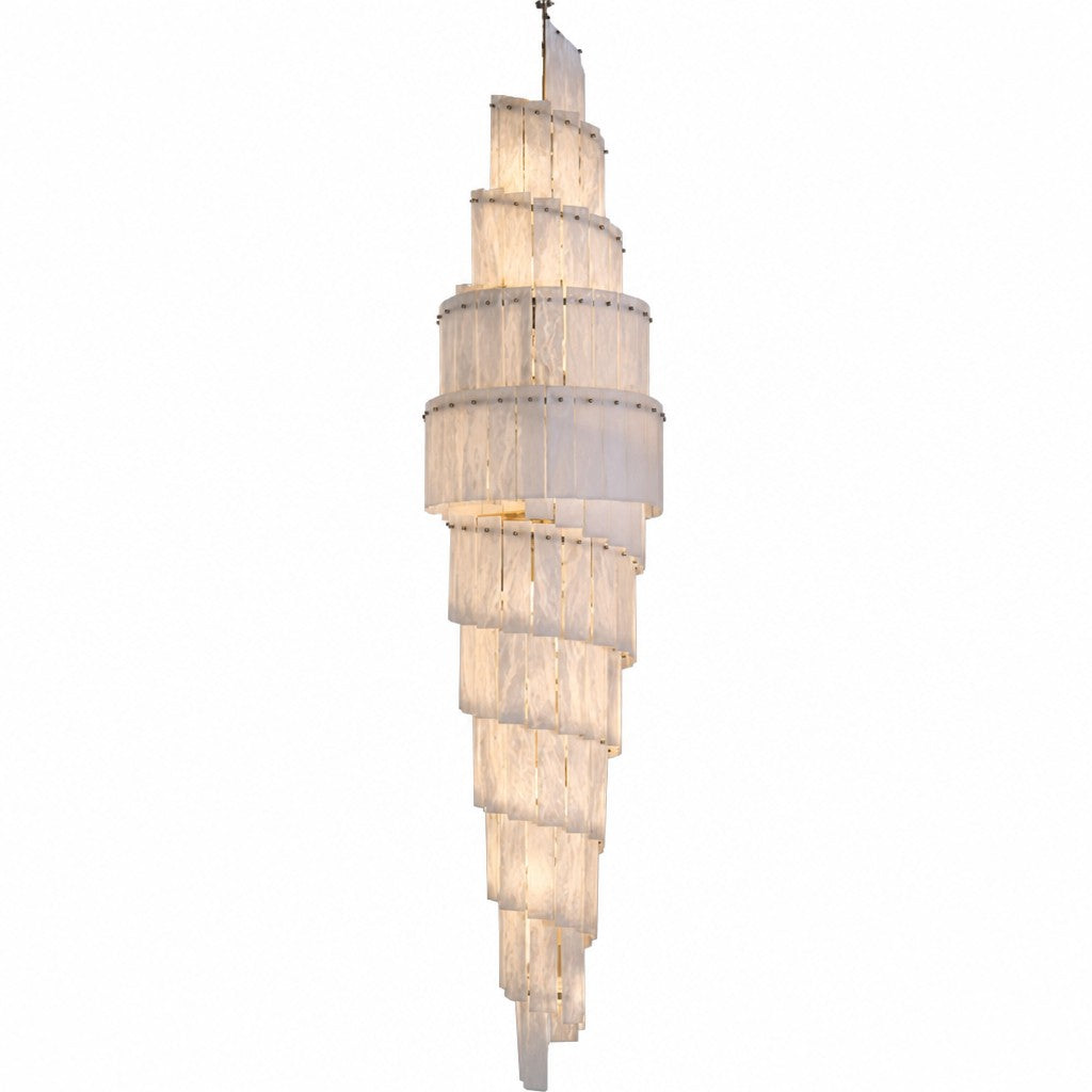Illuminated spiral alabaster chandelier glowing warm on white background, panels stacked in a helix