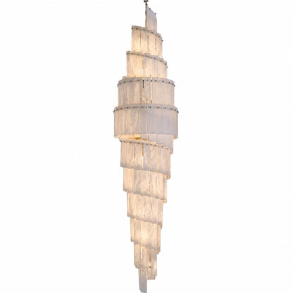 Illuminated spiral alabaster chandelier glowing warm on white background, panels stacked in a helix