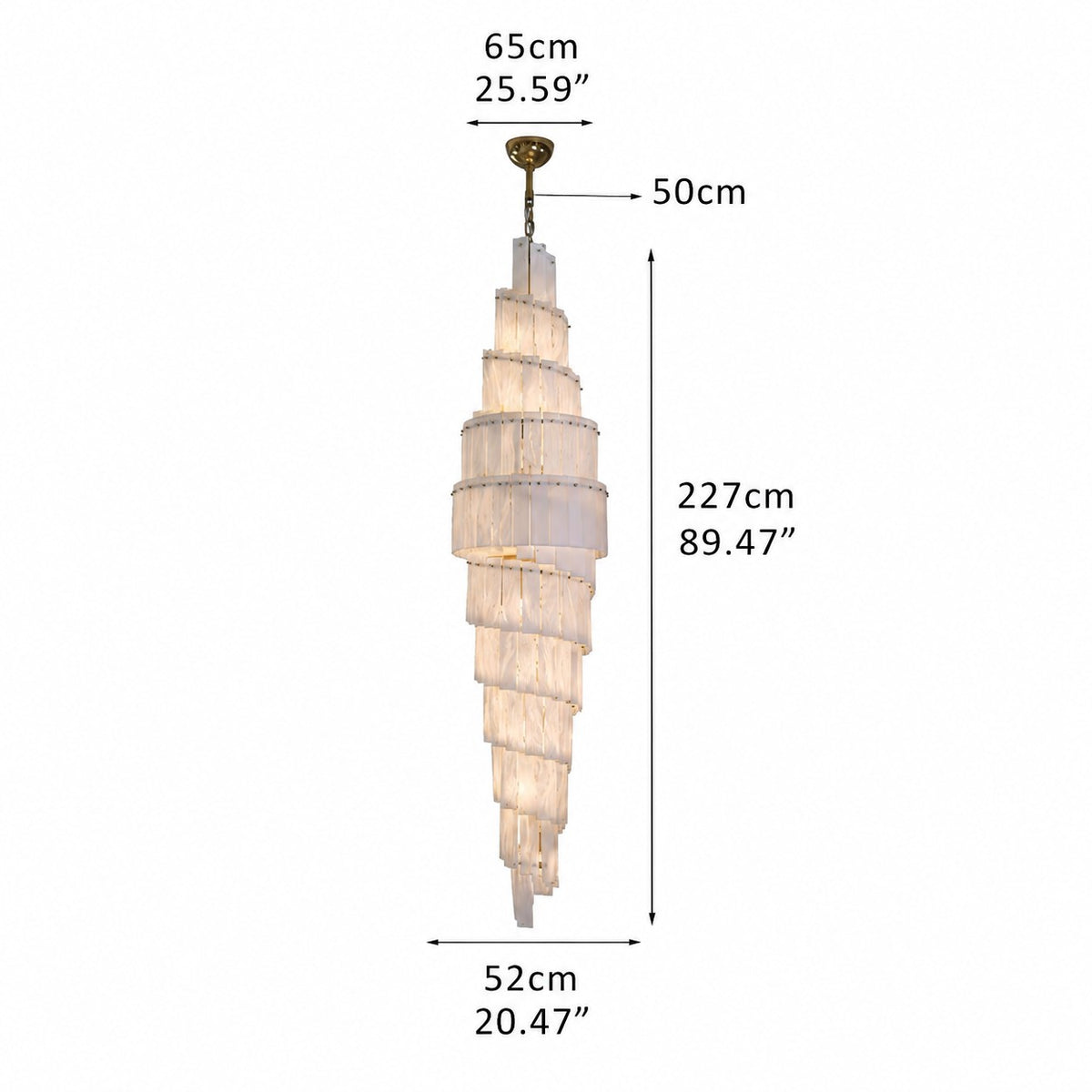 Line-drawn dimension chart showing a shorter spiral alabaster chandelier with brass chain and canopy