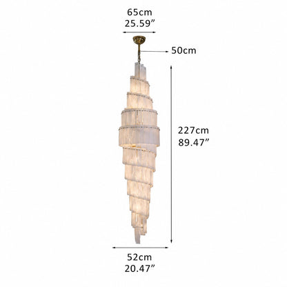 Line-drawn dimension chart showing a shorter spiral alabaster chandelier with brass chain and canopy