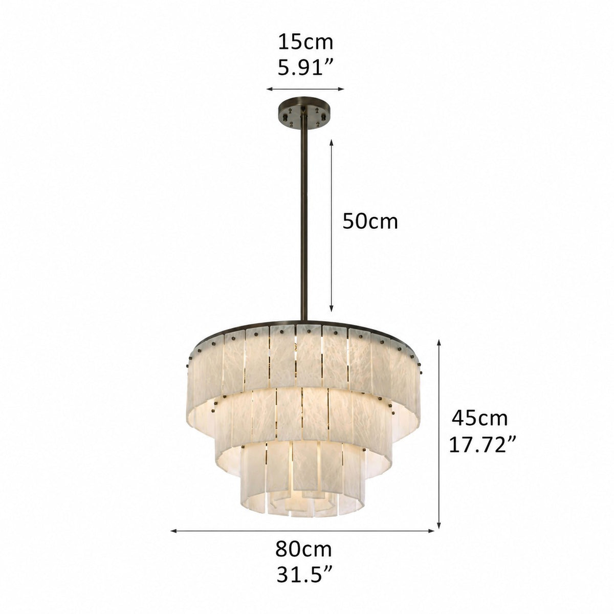 Dimension diagram of three-tier drum chandelier with alabaster panels and dark bronze stem