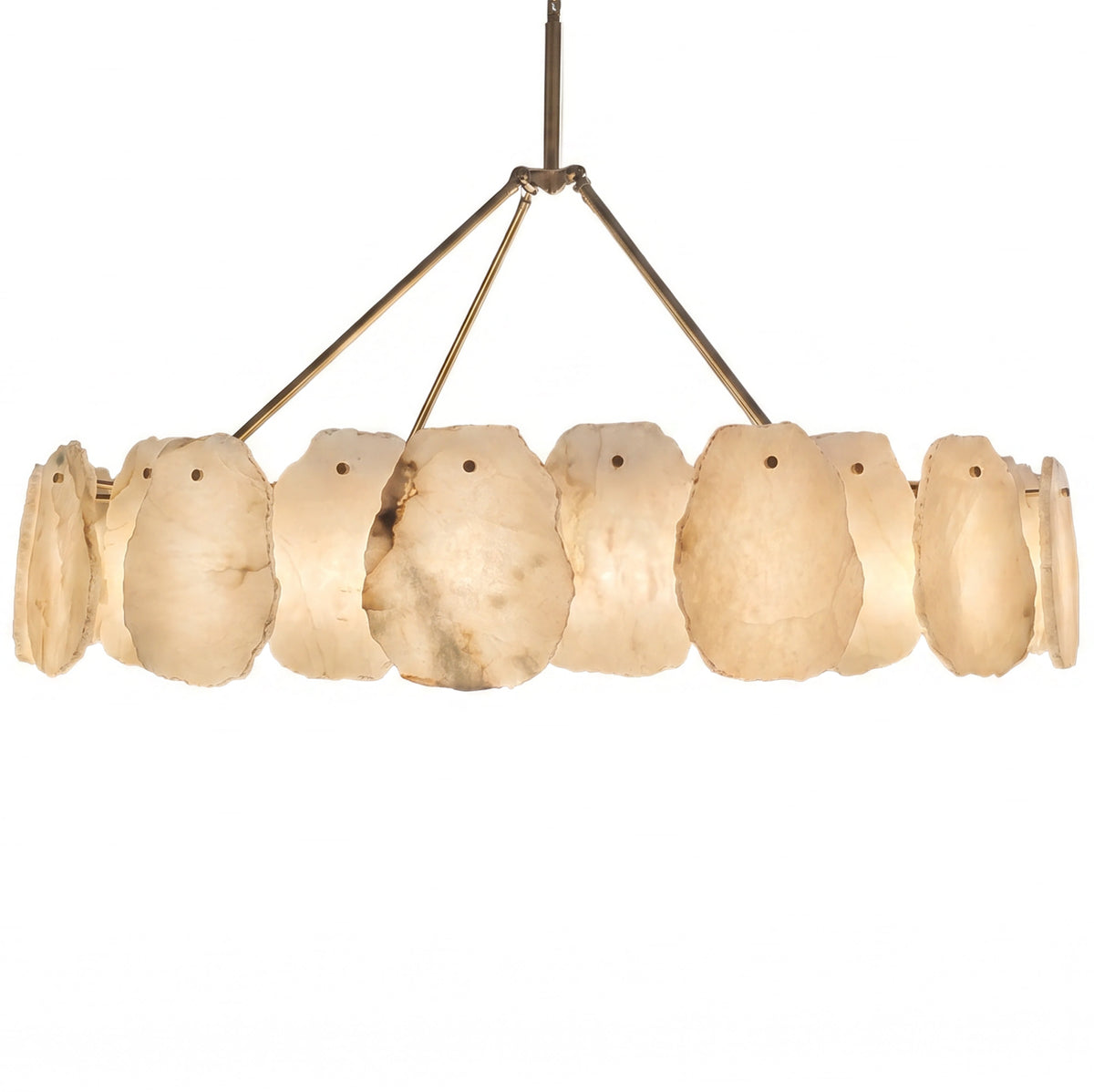 Side view of the alabaster disc ring suspended from three gold support arms