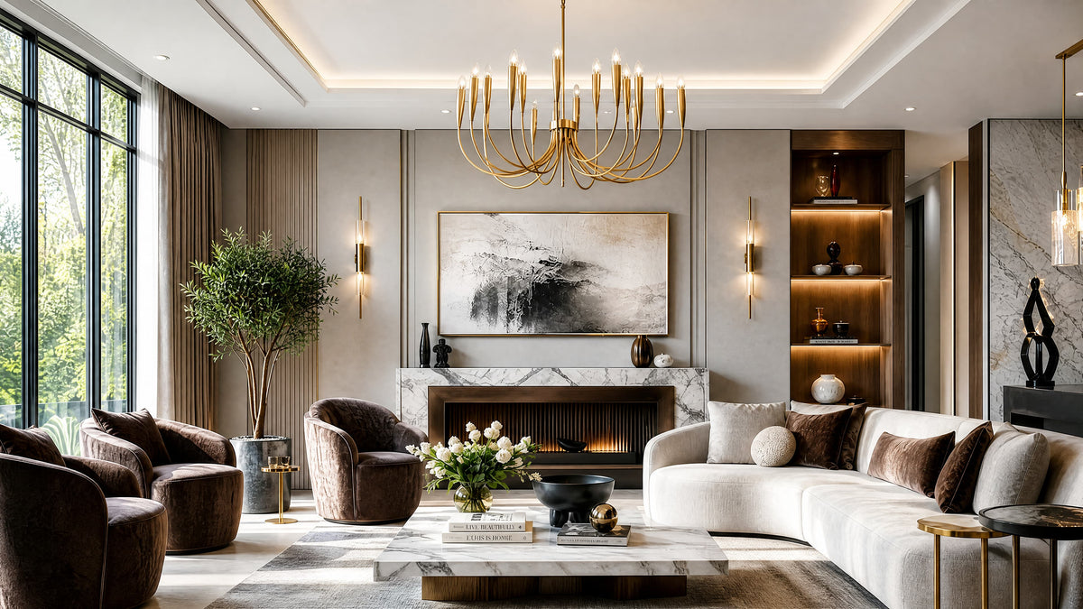 Modern living room with a chandelier, sofa, and decorative elements.